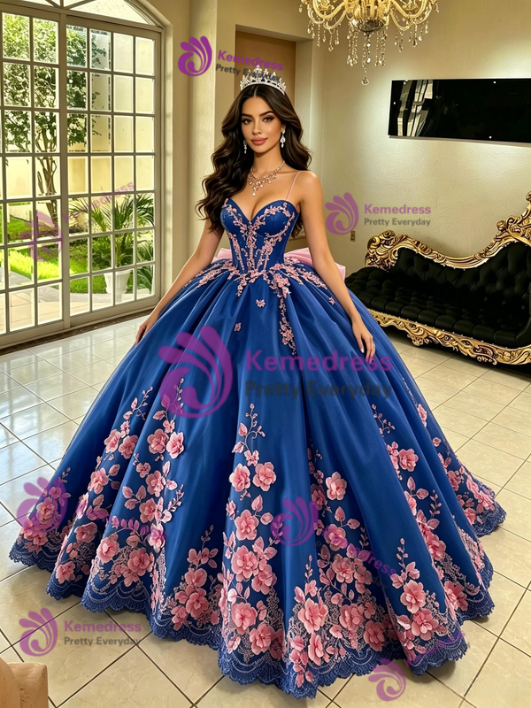 Blue Tulle Appliques Quinceanera Dress