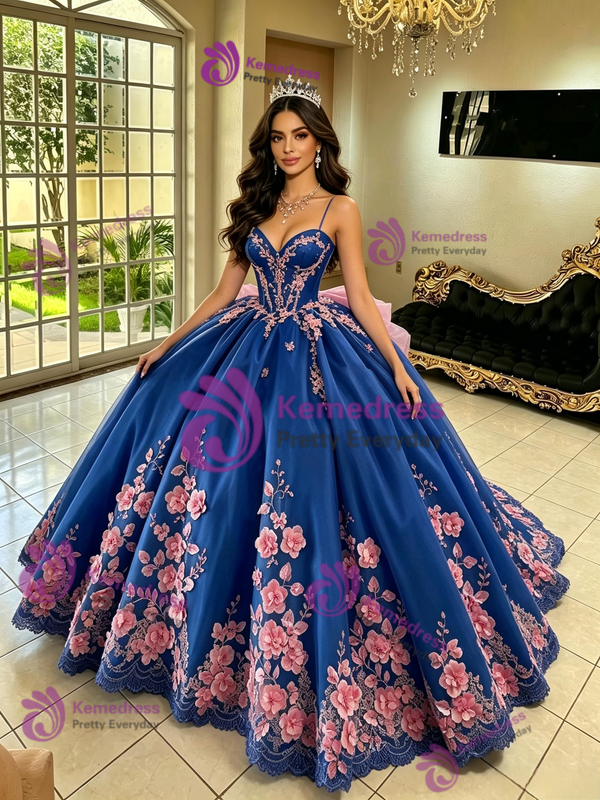 Blue Tulle Appliques Quinceanera Dress