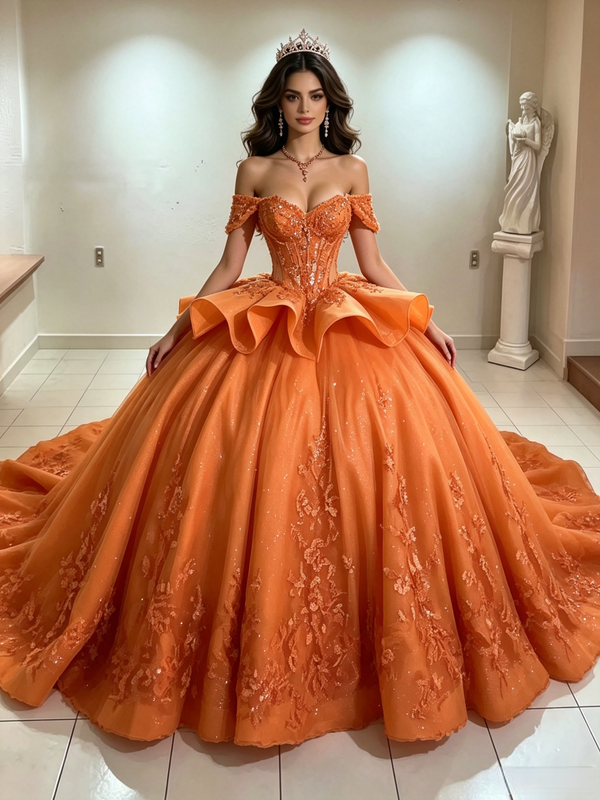 Orange Tulle Off the Shoulder Appliques Quinceanera Dress