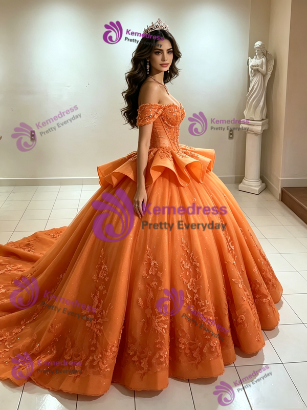 Orange Tulle Off the Shoulder Appliques Quinceanera Dress