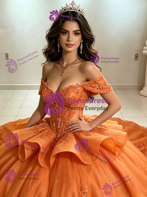 Orange Tulle Off the Shoulder Appliques Quinceanera Dress