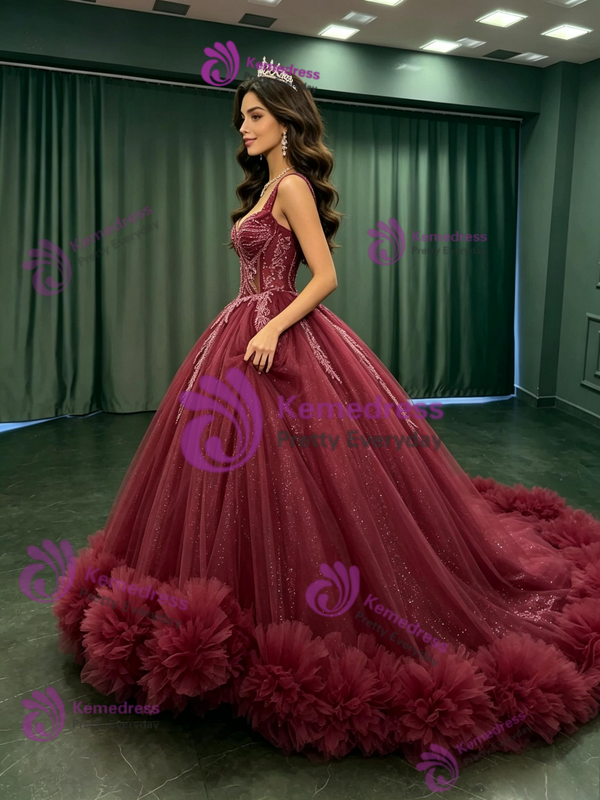 Burugndy Tulle Straps Sequins Quinceanera Dress