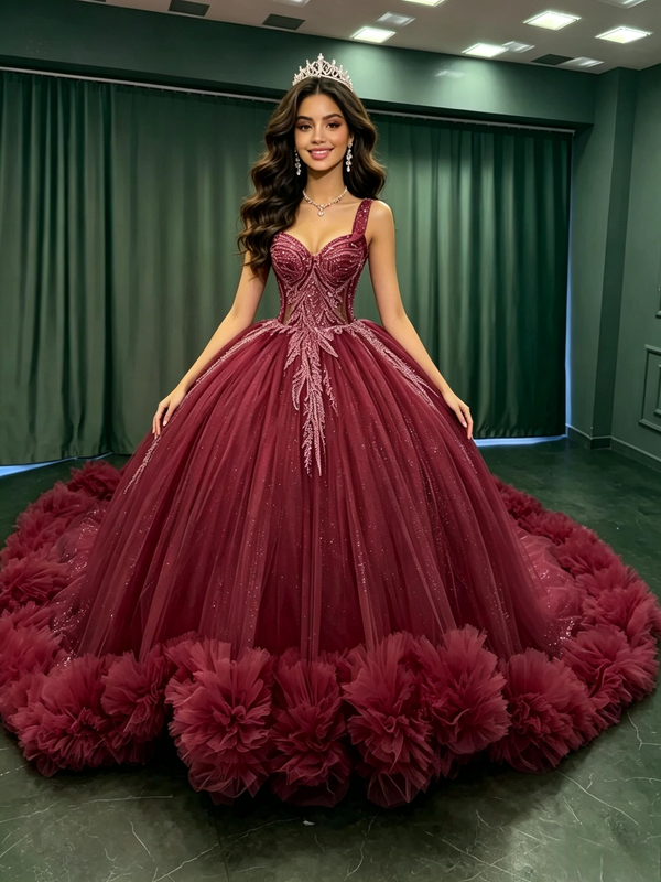 Burugndy Tulle Straps Sequins Quinceanera Dress