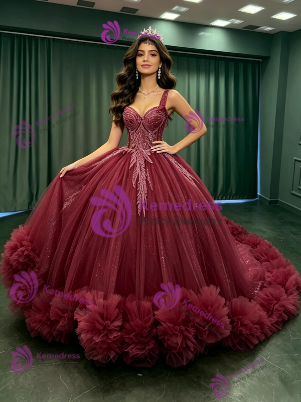 Burugndy Tulle Straps Sequins Quinceanera Dress