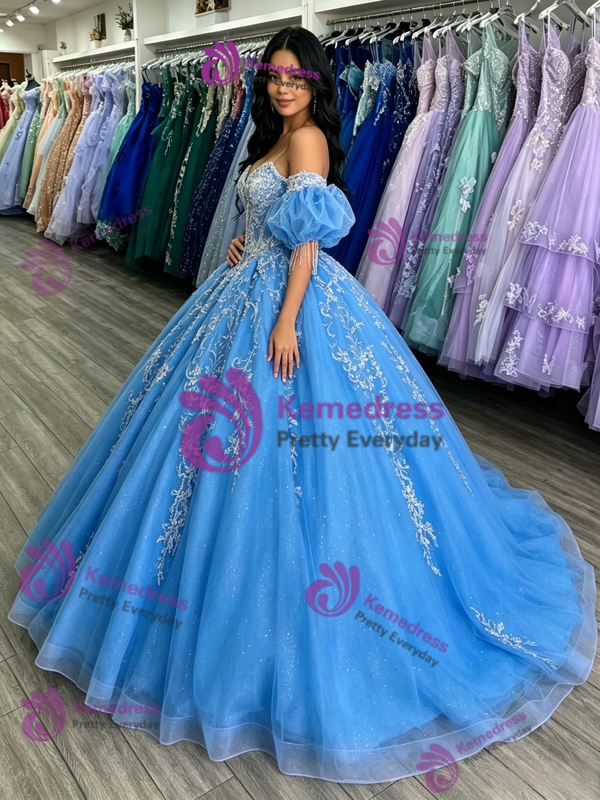 Blue Tulle Appliques Quinceanera Dress