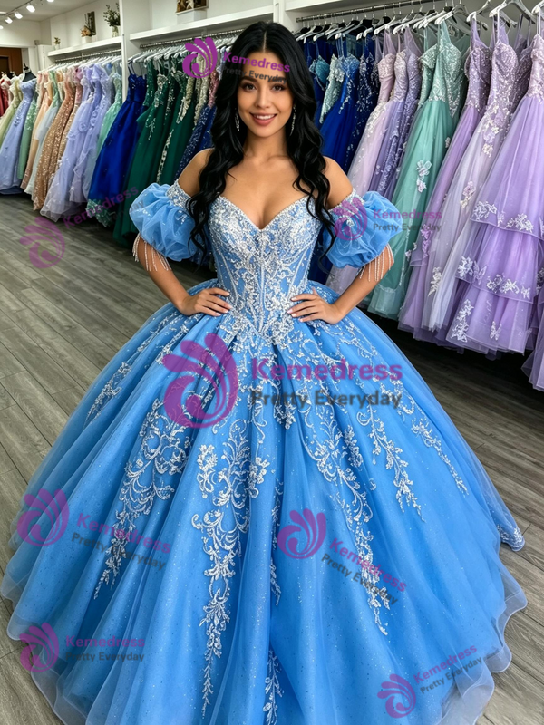 Blue Tulle Appliques Quinceanera Dress