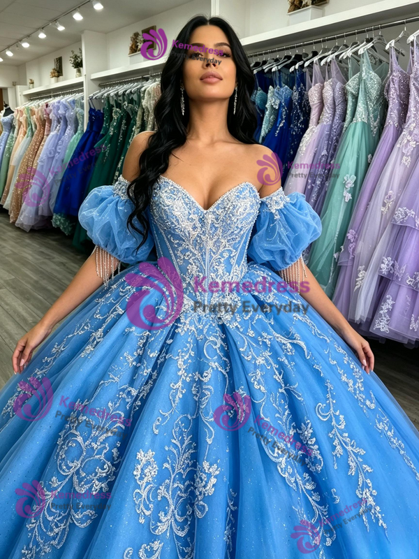 Blue Tulle Appliques Quinceanera Dress