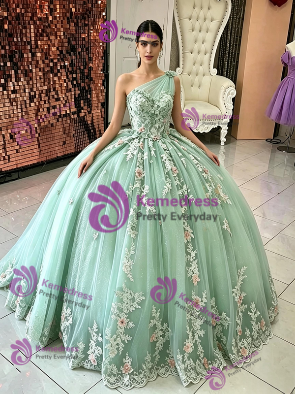 Grenn Tulle one Shoulder Appliques Quinceanera Dress