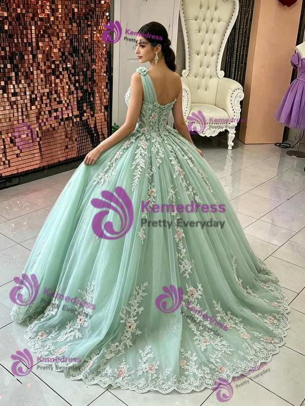 Grenn Tulle one Shoulder Appliques Quinceanera Dress