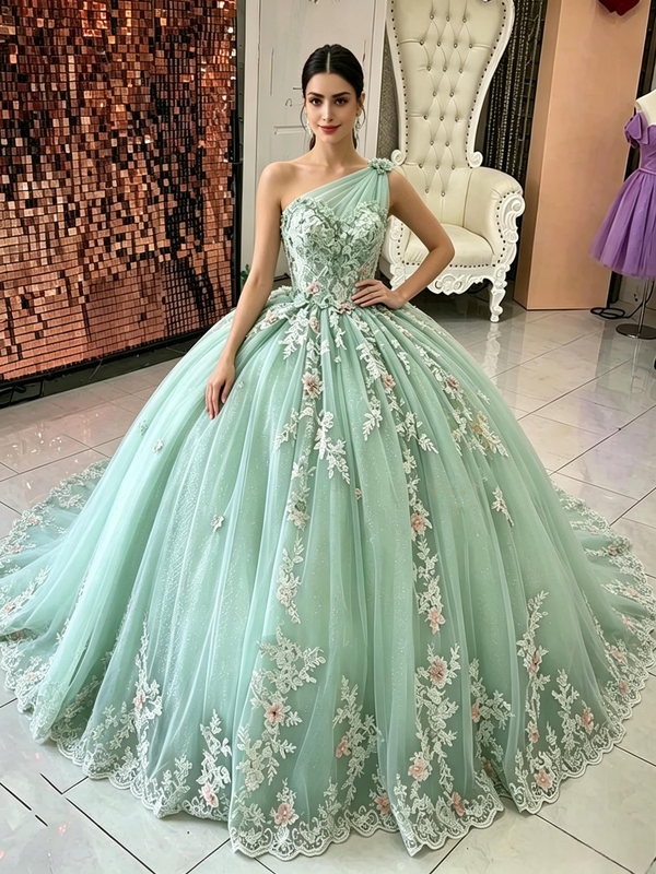 Grenn Tulle one Shoulder Appliques Quinceanera Dress