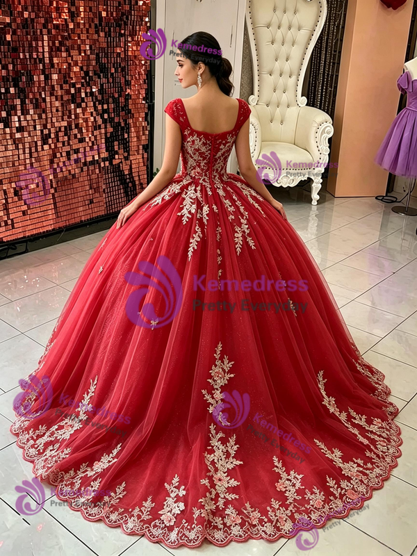 Red Tulle Square Neck Appliques Quinceanera Dress