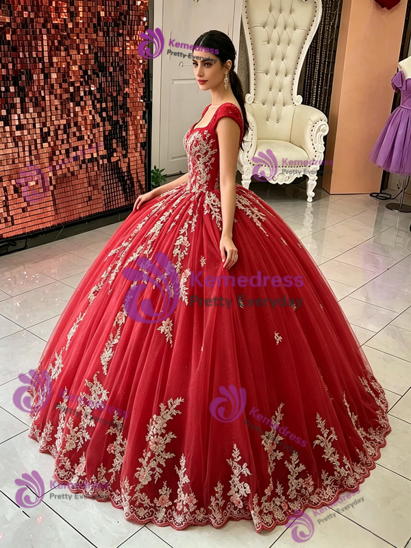 Red Tulle Square Neck Appliques Quinceanera Dress