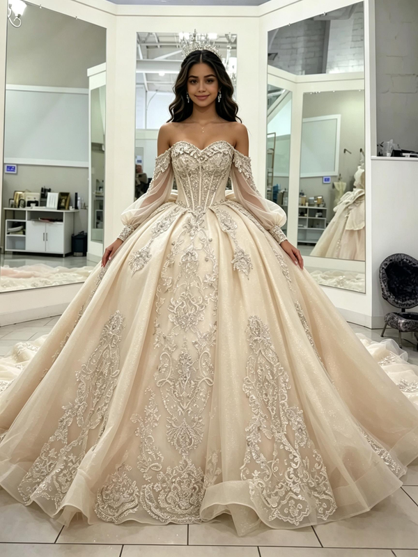 Champagne Tulle Appliques Long Sleeve Quinceanera Dress