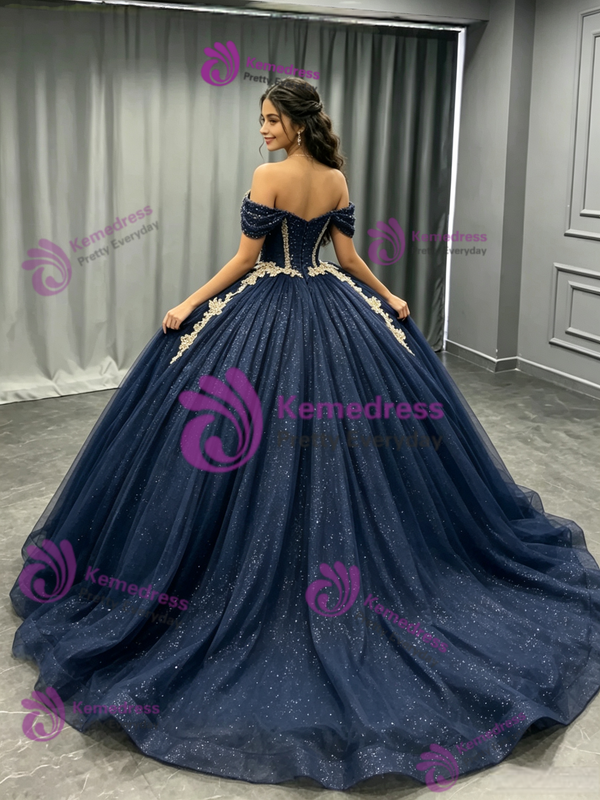 Navy Blue Tulle Appliques Quinceanera Dress