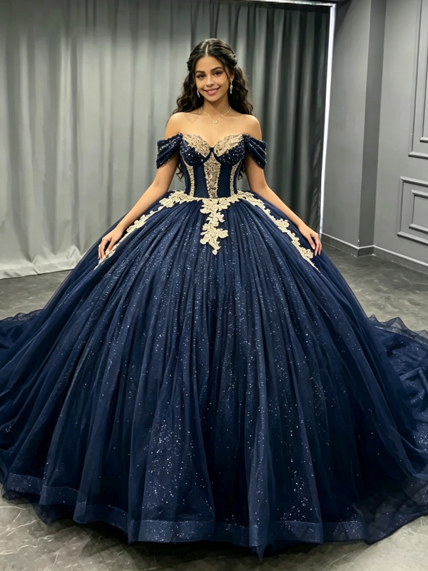Navy Blue Tulle Appliques Quinceanera Dress