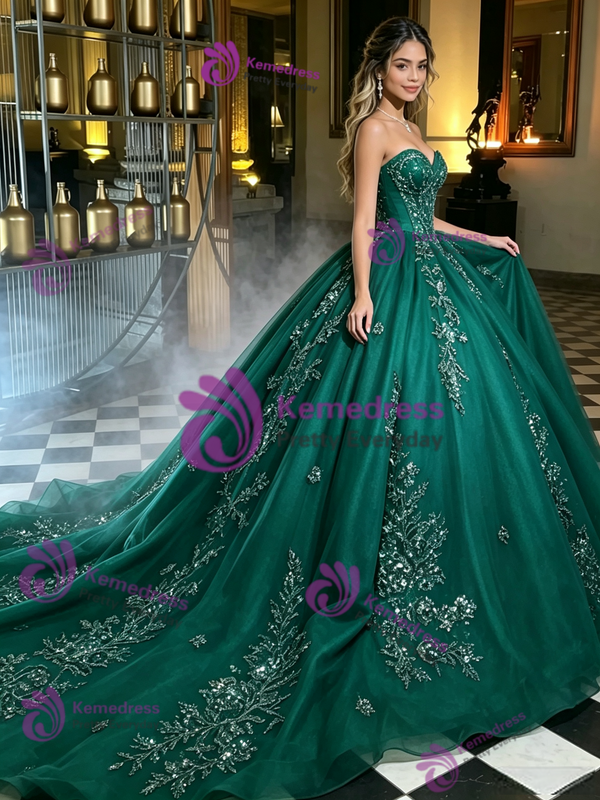 Green Tulle Strapless Quinceanera Dress