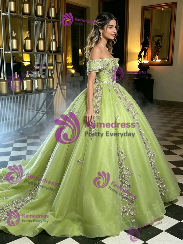 Green Tulle Off the Shoulder Quinceanera Dress