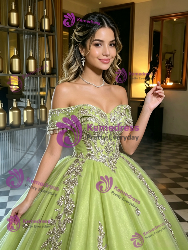 Green Tulle Off the Shoulder Quinceanera Dress
