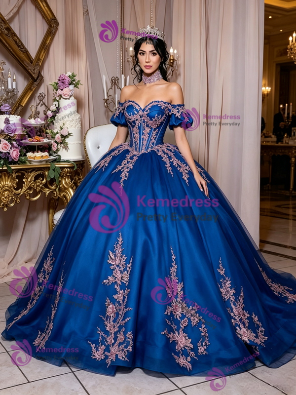 Blue Satin Off the Shoulder Appliques Quinceanera Dress