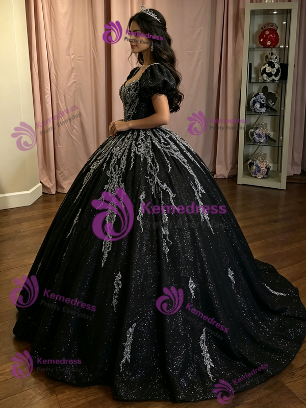 Black Sequins Puff Sleeve Appliques Quinceanera Dress