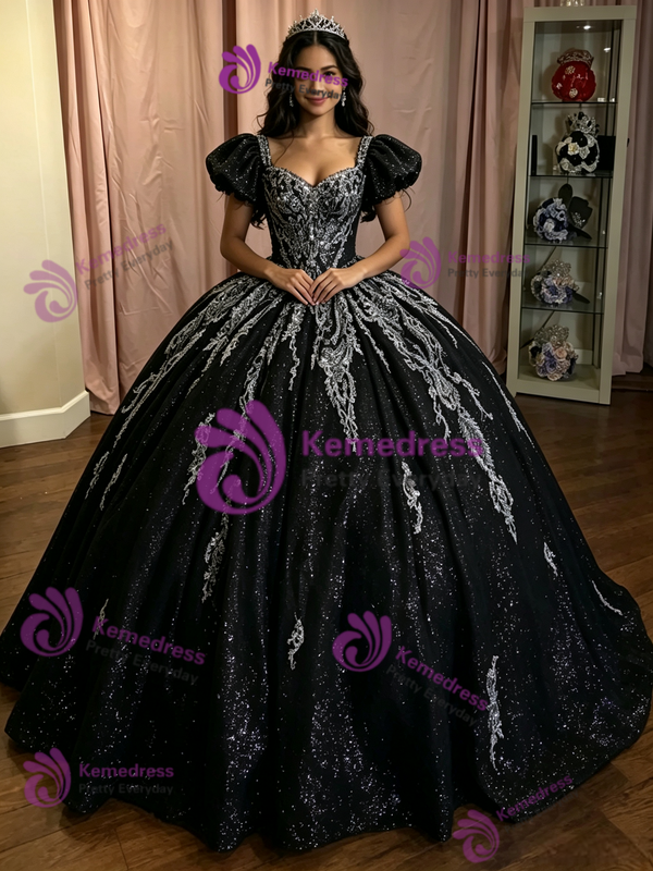 Black Sequins Puff Sleeve Appliques Quinceanera Dress