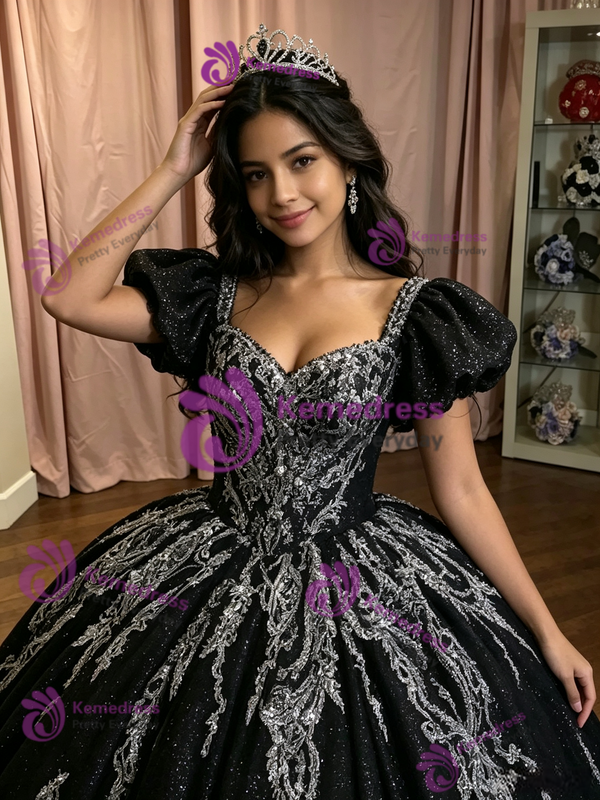 Black Sequins Puff Sleeve Appliques Quinceanera Dress