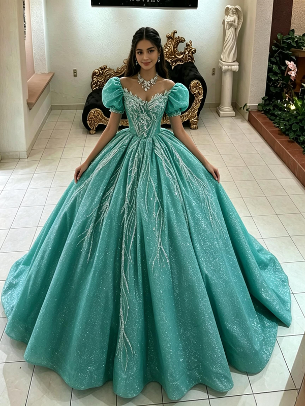 Sequins Puff Sleeve Quinceanera Dress