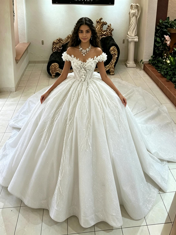 White Tulle Off the Shoulder Sequins Quinceanera Dress