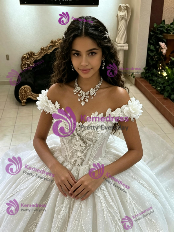 White Tulle Off the Shoulder Sequins Quinceanera Dress