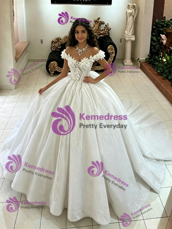 White Tulle Off the Shoulder Sequins Quinceanera Dress