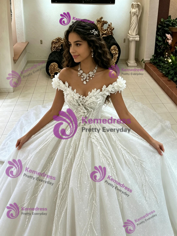White Tulle Off the Shoulder Sequins Quinceanera Dress