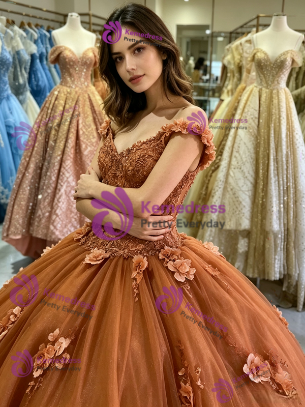 Brown Tulle Appliques Quinceanera Dress