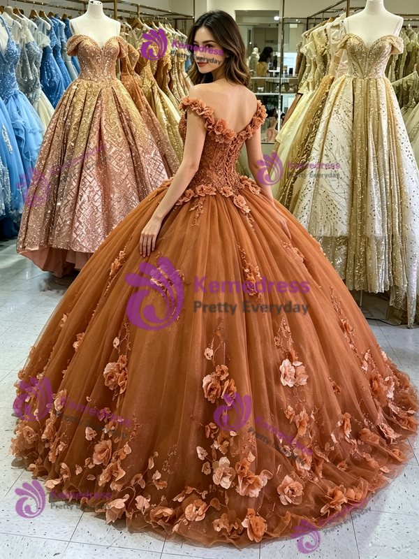 Brown Tulle Appliques Quinceanera Dress