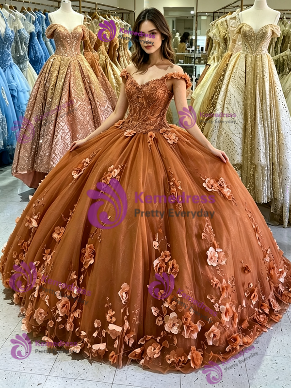 Brown Tulle Appliques Quinceanera Dress
