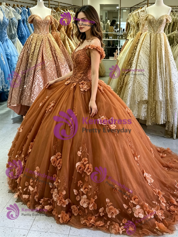Brown Tulle Appliques Quinceanera Dress