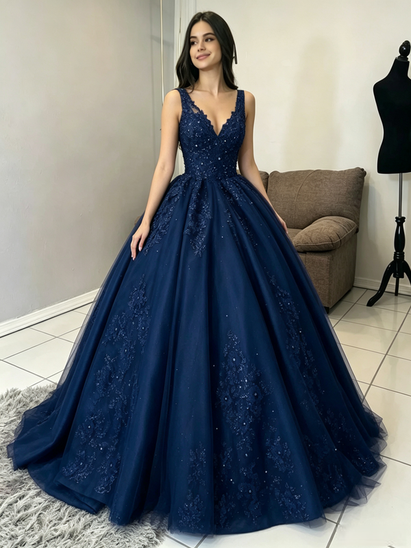 Navy Blue Tulle Appliques Quinceanera Dress