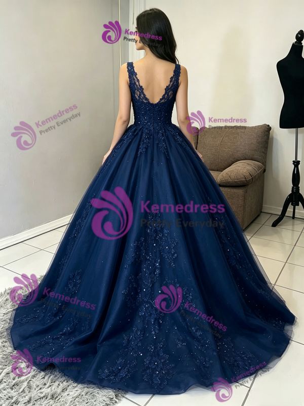 Navy Blue Tulle Appliques Quinceanera Dress