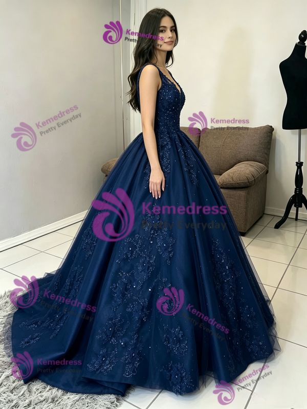 Navy Blue Tulle Appliques Quinceanera Dress