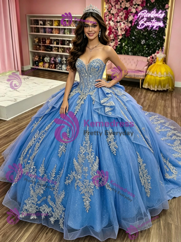 Blue Tulle Strapless Appliques Quinceanera Dress