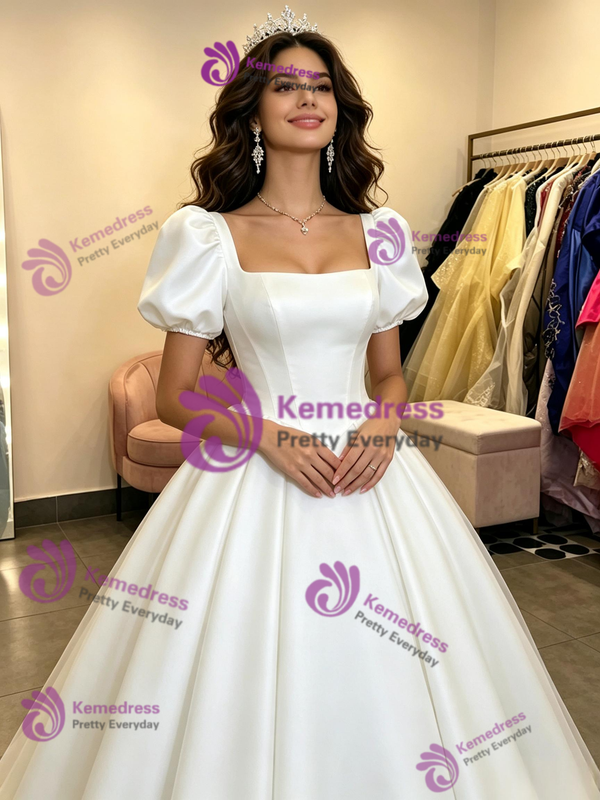 White Short Sleeve Square Neck Quinceanera Dress
