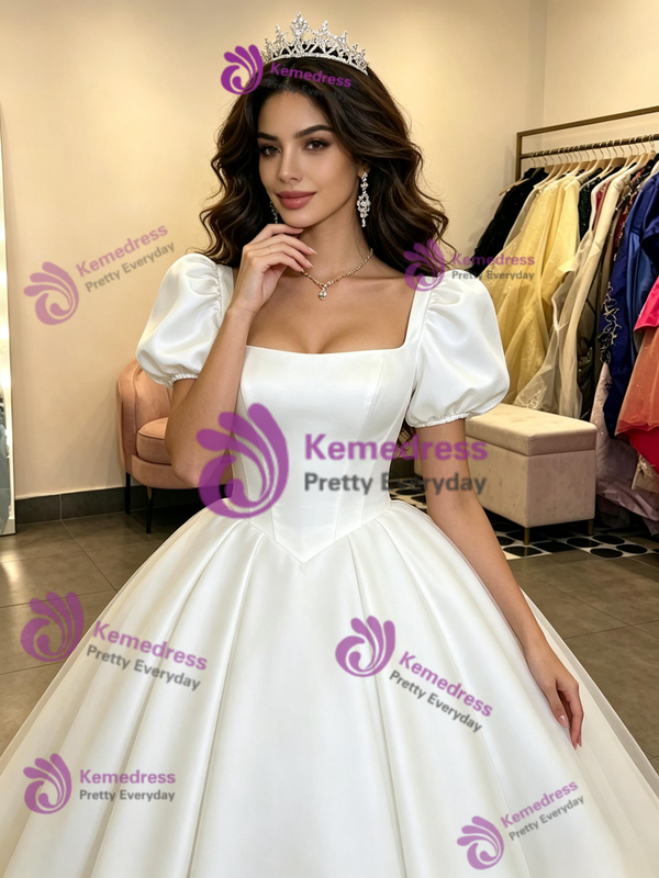White Short Sleeve Square Neck Quinceanera Dress