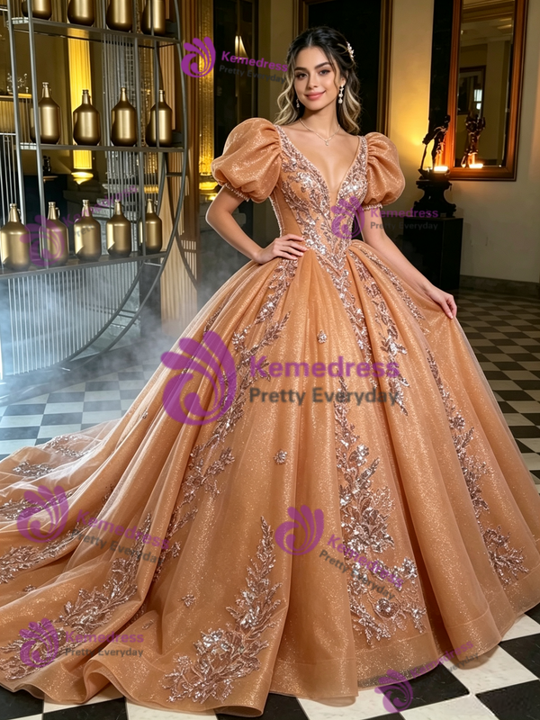 Brown Tulle Puff Sleeve Appliques Quinceanera Dress