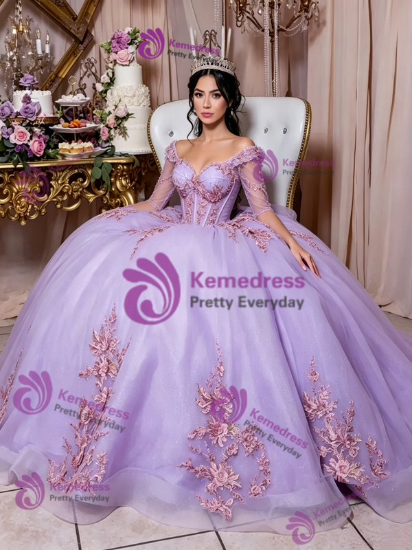 Purple Tulle Short Sleeve Appliques Quinceanera Dress