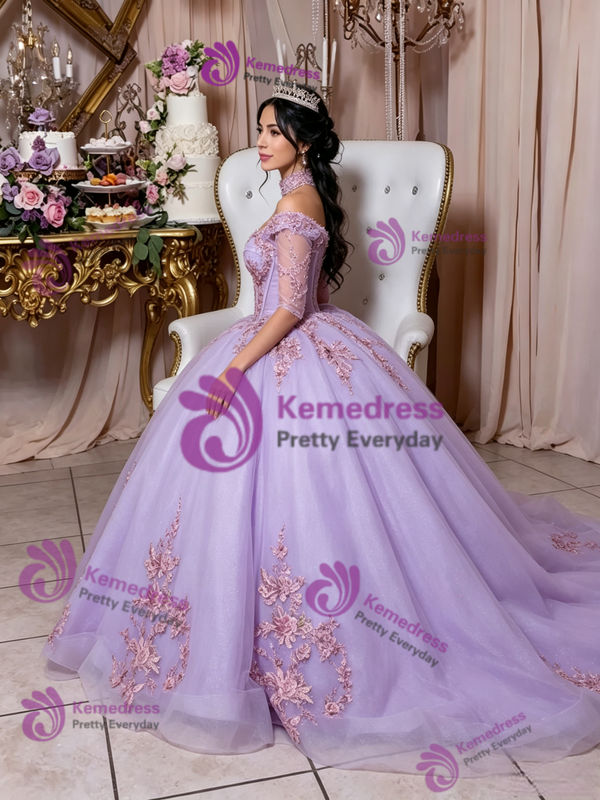 Purple Tulle Short Sleeve Appliques Quinceanera Dress