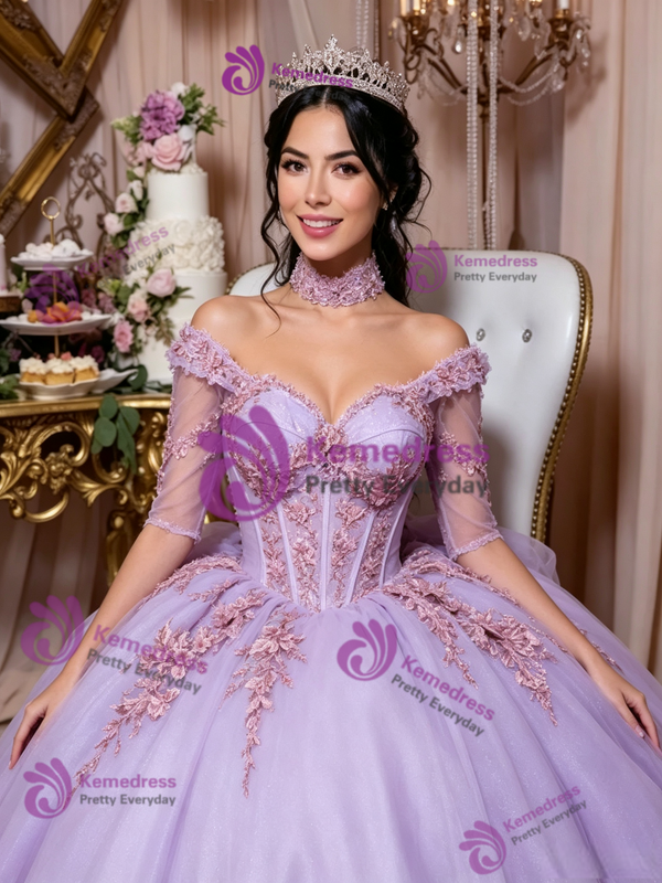 Purple Tulle Short Sleeve Appliques Quinceanera Dress