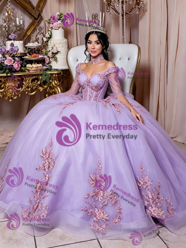 Purple Tulle Short Sleeve Appliques Quinceanera Dress