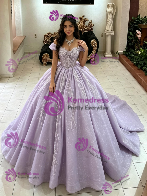 Purple Tulle Off the Shoulder Quinceanera Dress