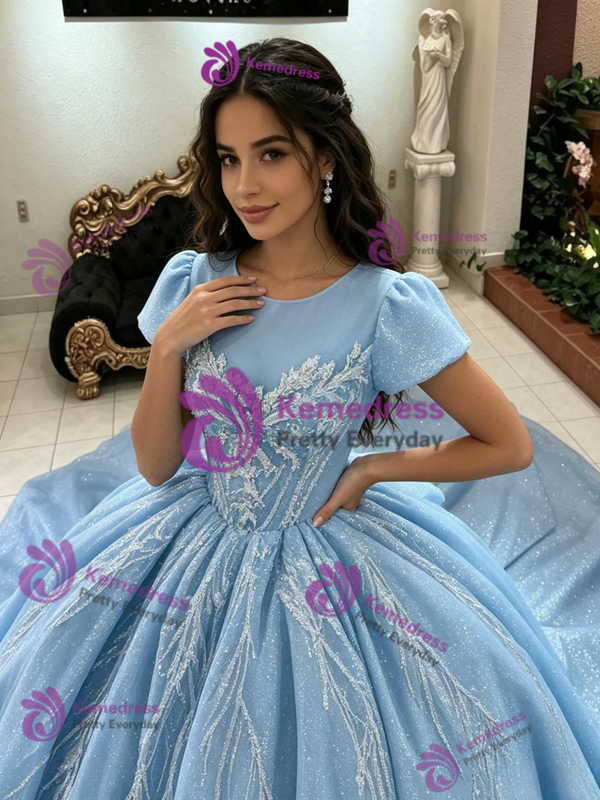 Light Blue Short Sleeve Tulle Quinceanera Dress