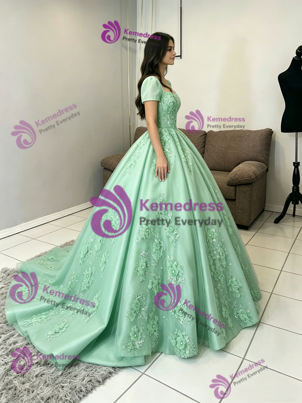 Green Tulle Short Sleeve Square Neck Appliques Quinceanera Dress