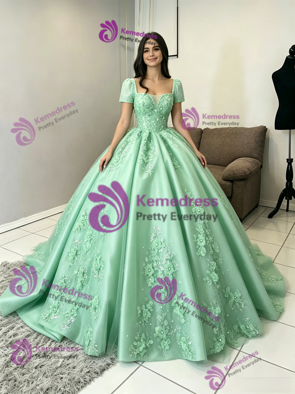 Green Tulle Short Sleeve Square Neck Appliques Quinceanera Dress
